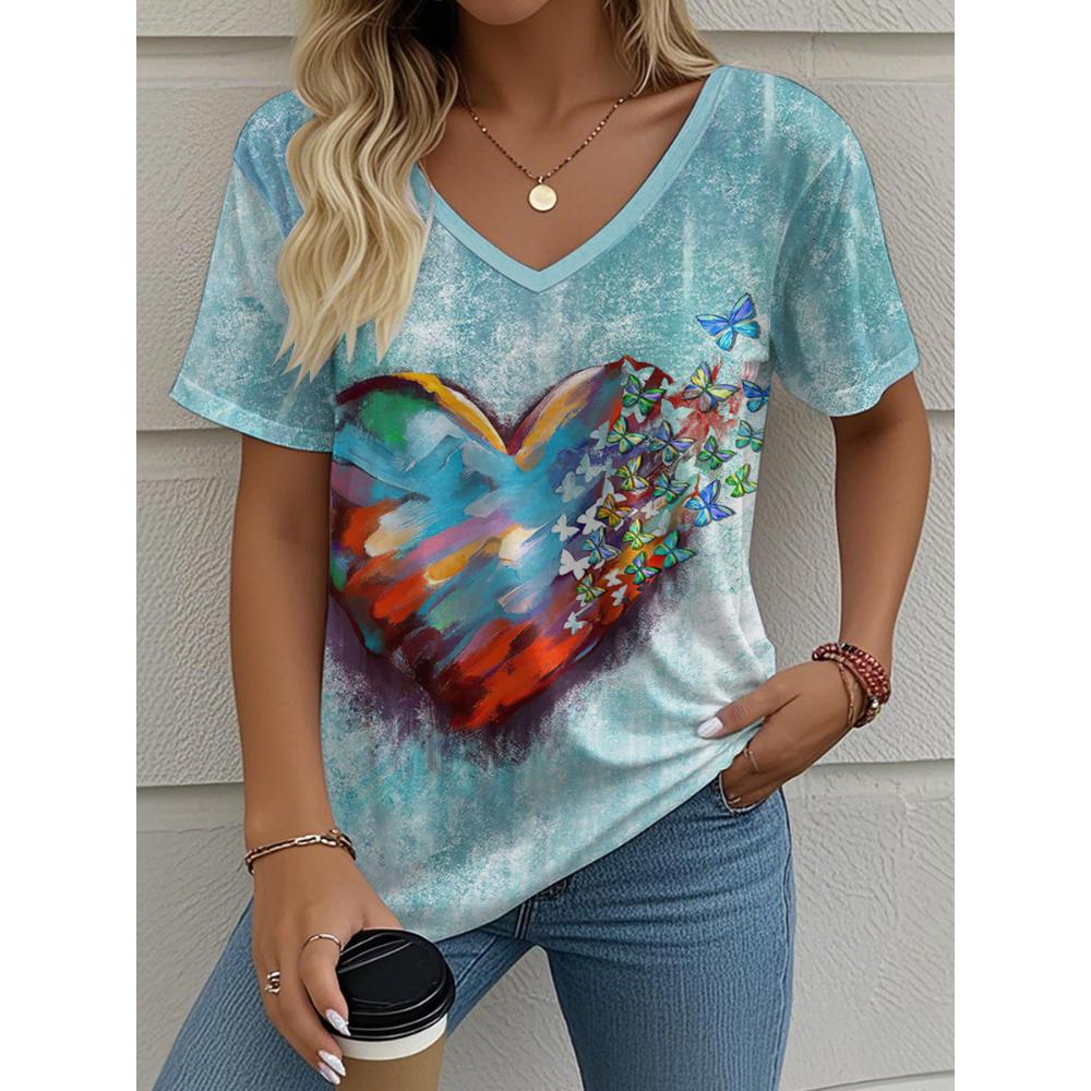 Summer Women's T-Shirt Love Printing Outdoor Retro Fashion Casual Oversized V-Neck Short-Sleeved Women's Clothing