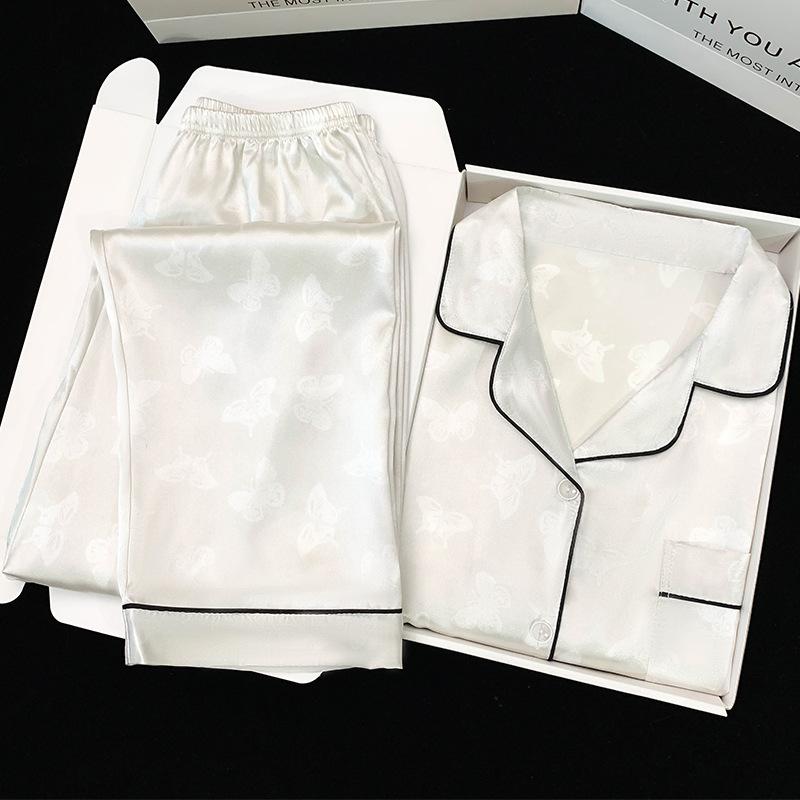 Butterfly Texture Printed Loungewear Women'S Summer Ice Silk Short-Sleeved Trousers Can Be Worn Outside Pajamas