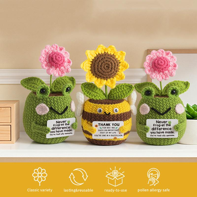 Funny Positive Crochet Frog Bee Plant Pot Doll Desktop Ornament Handmade Emotional Support Positive Frog Pot Home Decoration