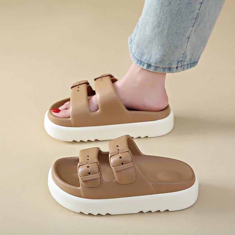 Thick Soled Height Increasing Slippers for Women In Summer, Two Tone Slippers for Outdoor Wear, Trendy Beach Anti Slip, Double Button, Straight Drag
