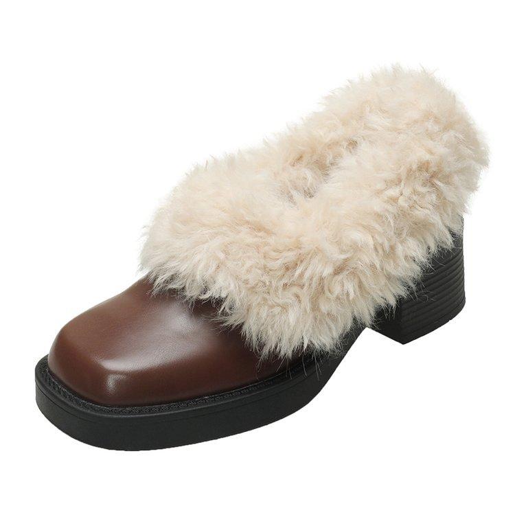 

[Youshilai] Square head velvet Mary Jane single shoes women s 2025 winter new light thick heel sweet small leather shoes 40 коричневый