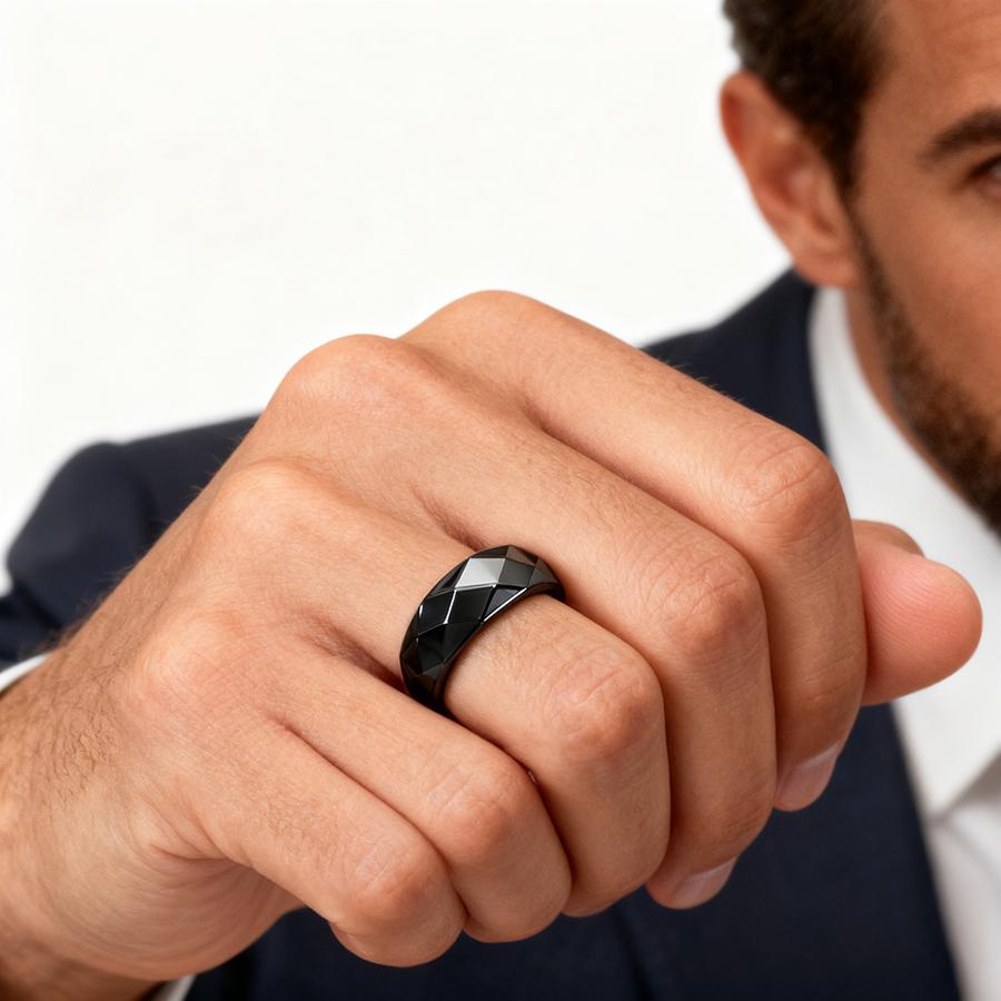 Anillo para Hombre de Piedra Hematita 4 Tallas Disponibles Piedra Negra Multifacética Accesorios para la Mano Energía Positiva Meditación Sanación Anillo