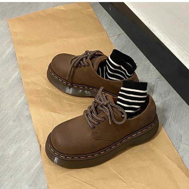 Sheepskin version~ Leather round head Crazy Horse brown Martin shoes British style small leather shoes women's platform muffin loafers single shoes