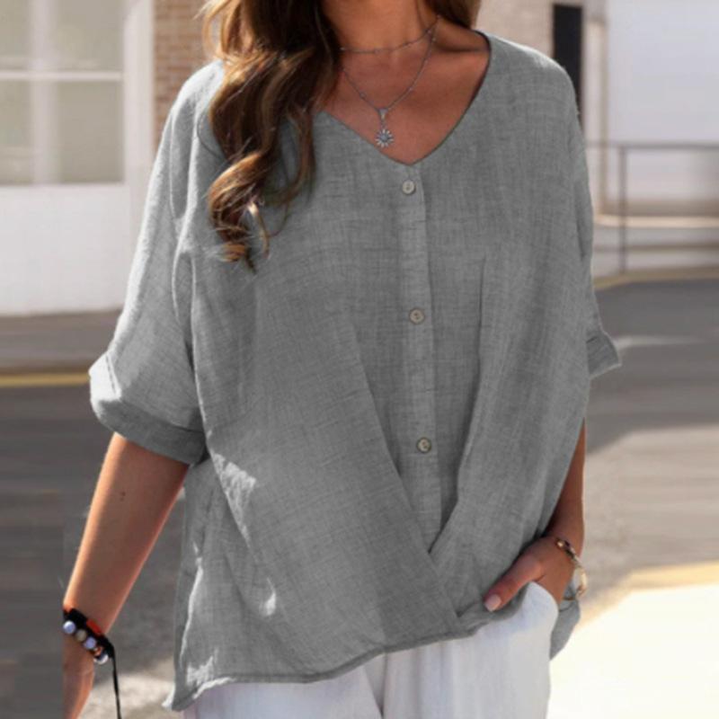 (S~5XL) Lässiges Button-Down-T-Shirt für Damen, V-Ausschnitt, kurzärmlig, lockeres T-Shirt, unregelmäßiges Kreuz, atmungsaktives Sommer-Kurzarm-Oberteil für die Arbeit im Urlaub