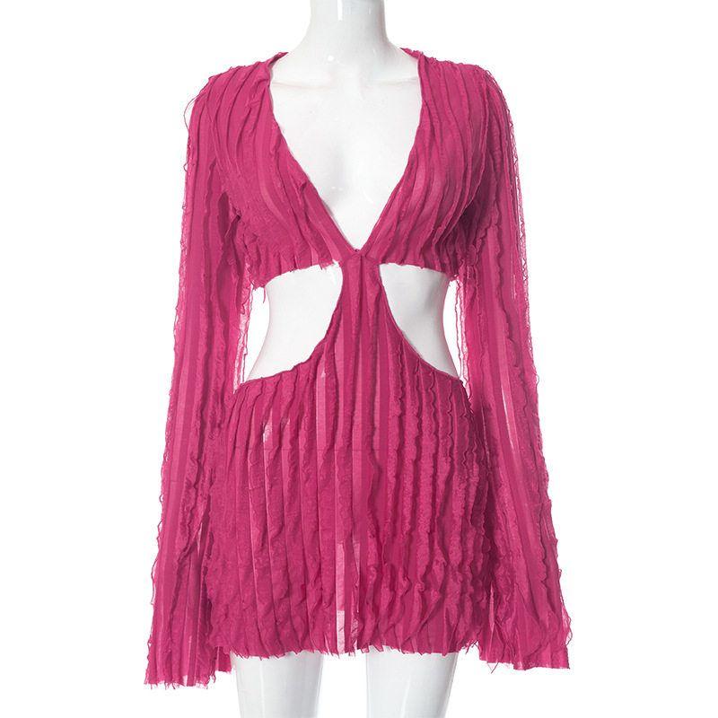 Fashionable Mesh Wave Pattern Dress Fashionable and Sexy Mesh Wave Pattern Dress Rose Red S