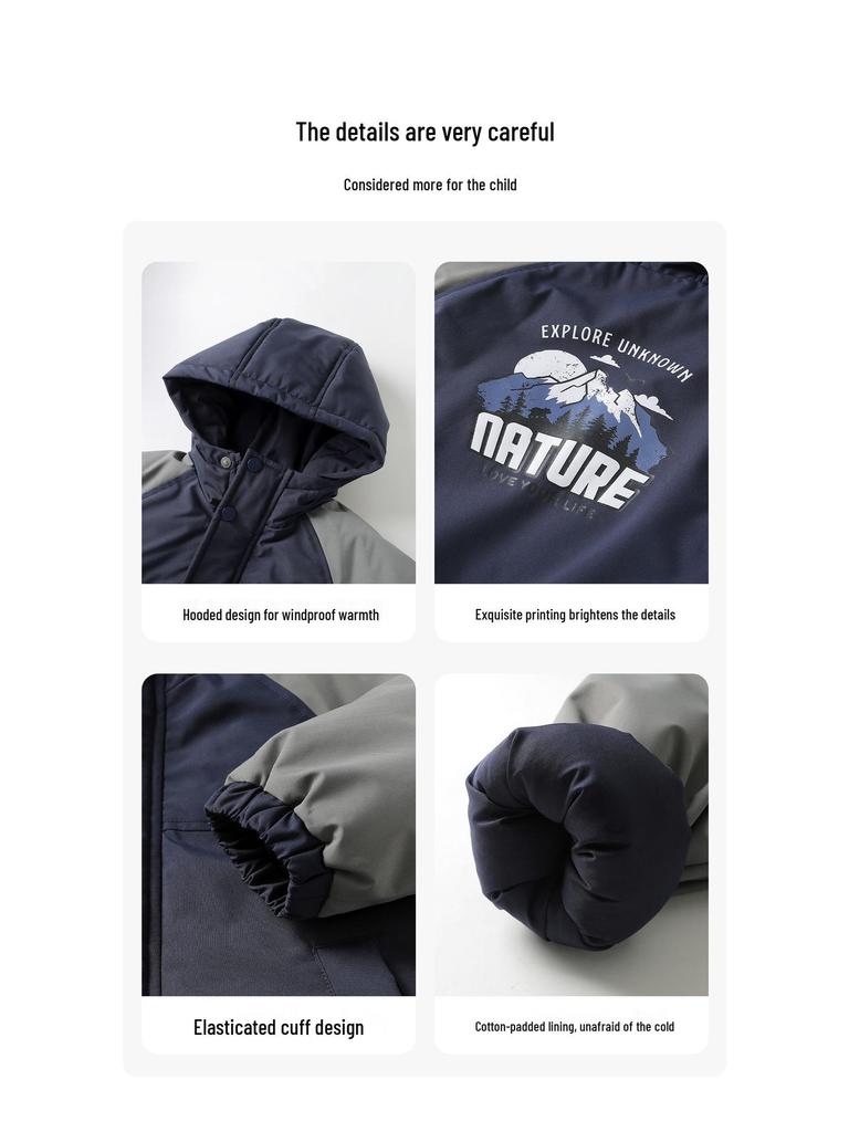 2025 New Boys' Thickened Hooded Cotton Jacket - European Winter Style with Contrasting Colors for Toddlers and Children