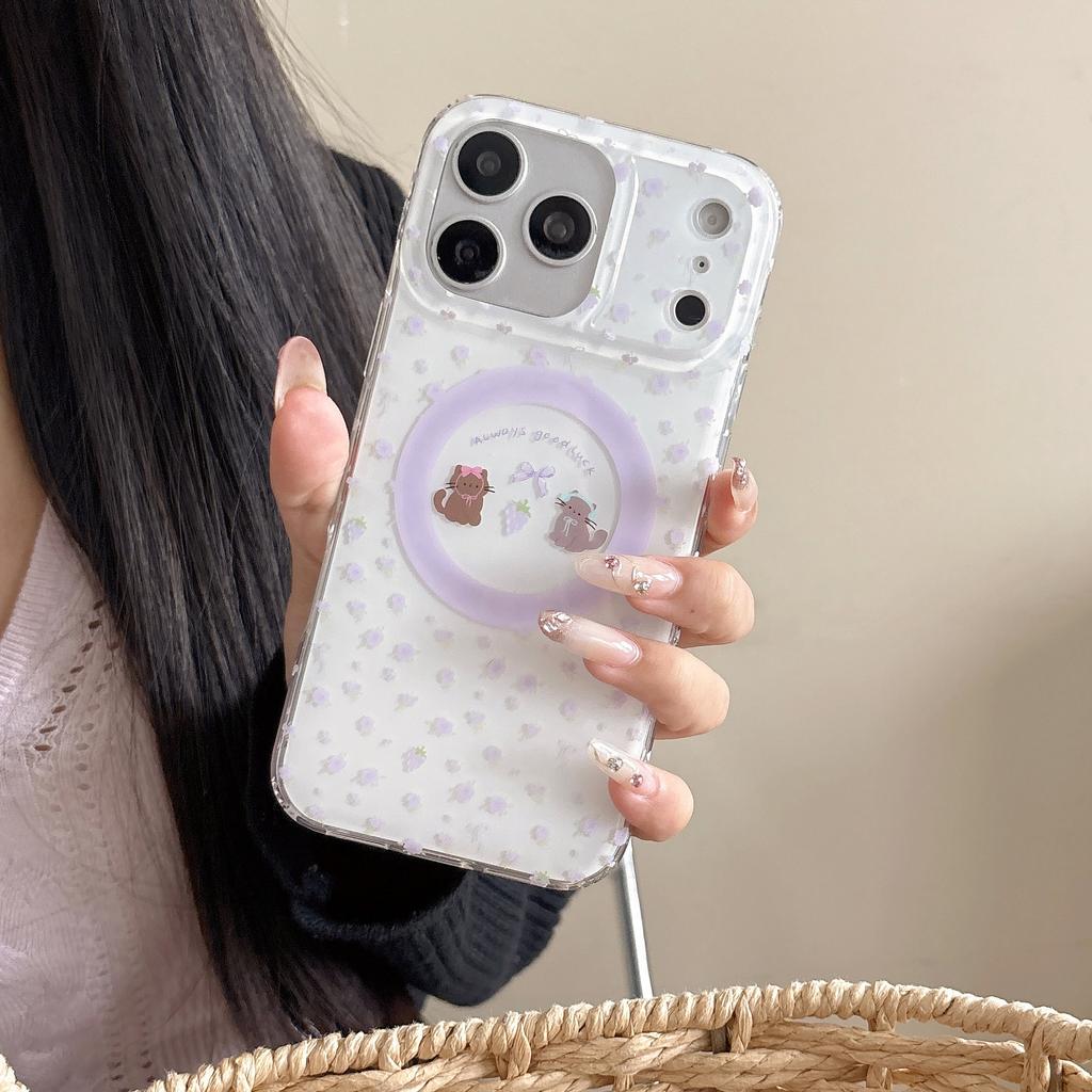 Soft Cute Cat Purple Floral Application iPhone17Pro Max Apple 16 Mobile Phone Case Magnetic Suction 14/15 Double Layer
