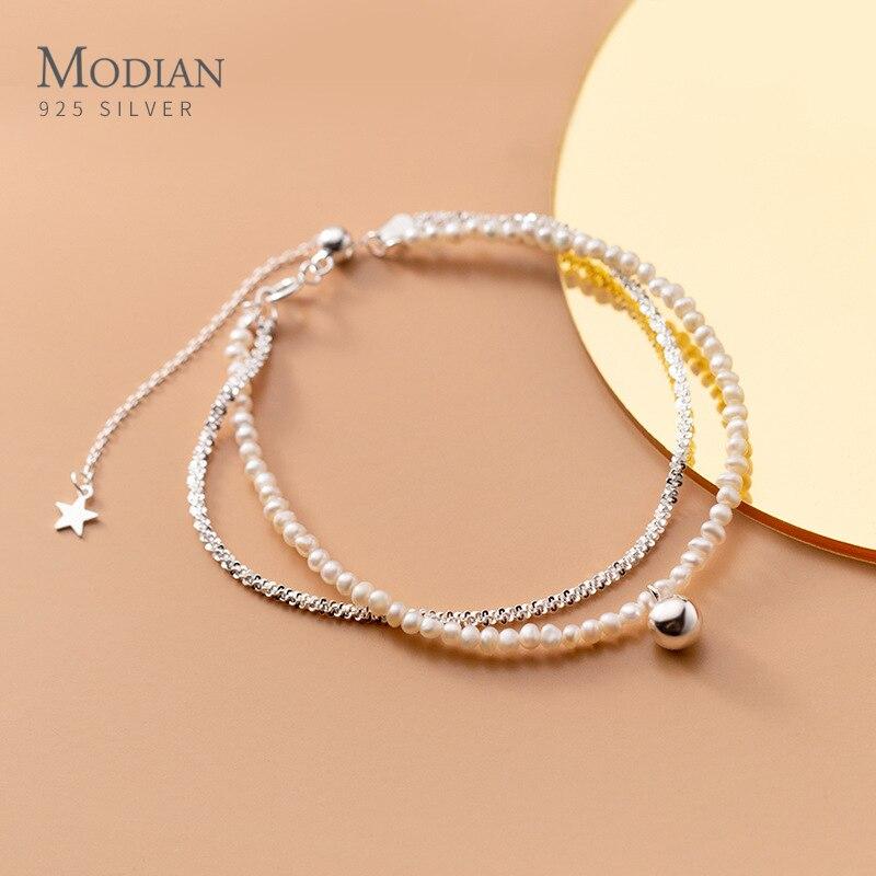 

Modian 100% стерлингового серебра 925 пробы двухслойные натуральные жемчужины регулируемые ослепительные браслеты-цепочки для женщин ювелирные изделия новые