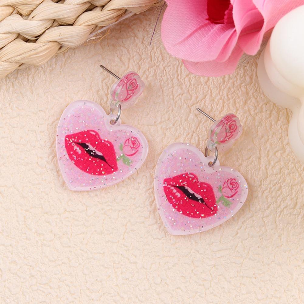 Pink Love Earrings Acrylic Lips Dangle Earrings Jewelry Accessories Valentine's Day Earrings  Lady