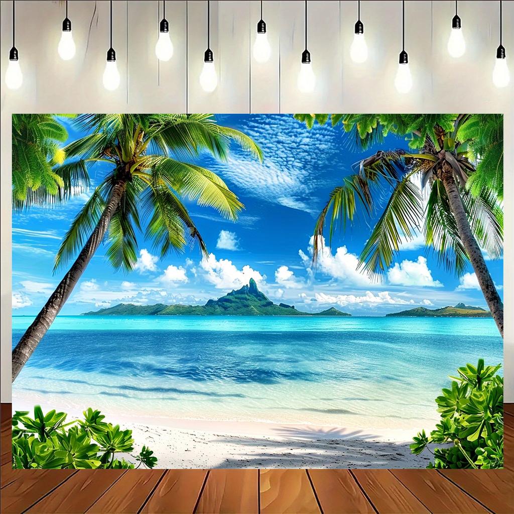 1pc Tropical beach polyester background - Holiday banners with palm trees and sea views parties weddings birthdays