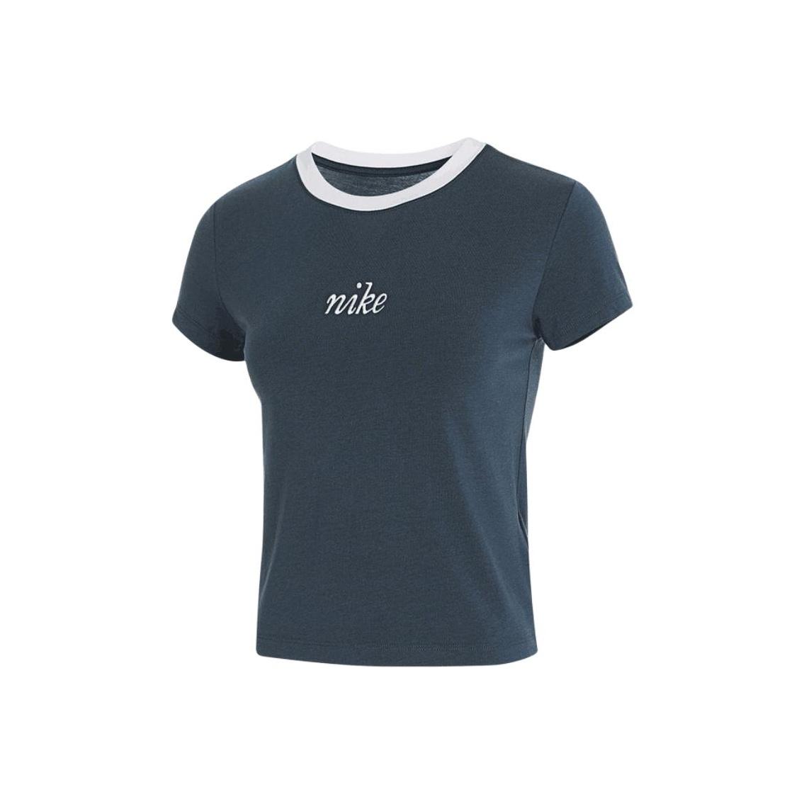Nike Nsw Nk Chll Knt Md Crp Wrs Color Block Дизайн с логотипом-буквой Повседневная футболка с круглым вырезом с коротким рукавом Женская футболка Глубокий синий Белый HF8820478 S