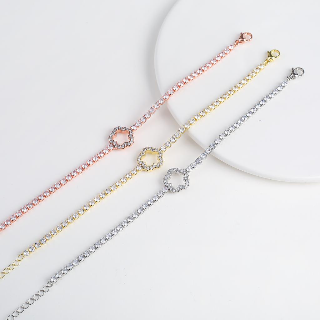 2024 New Fashion Shiny Crystal Five-Leaf Flower Zircon Chain Bracelet Classic For Woman Wrist Jewelry Accessories Clover Gift