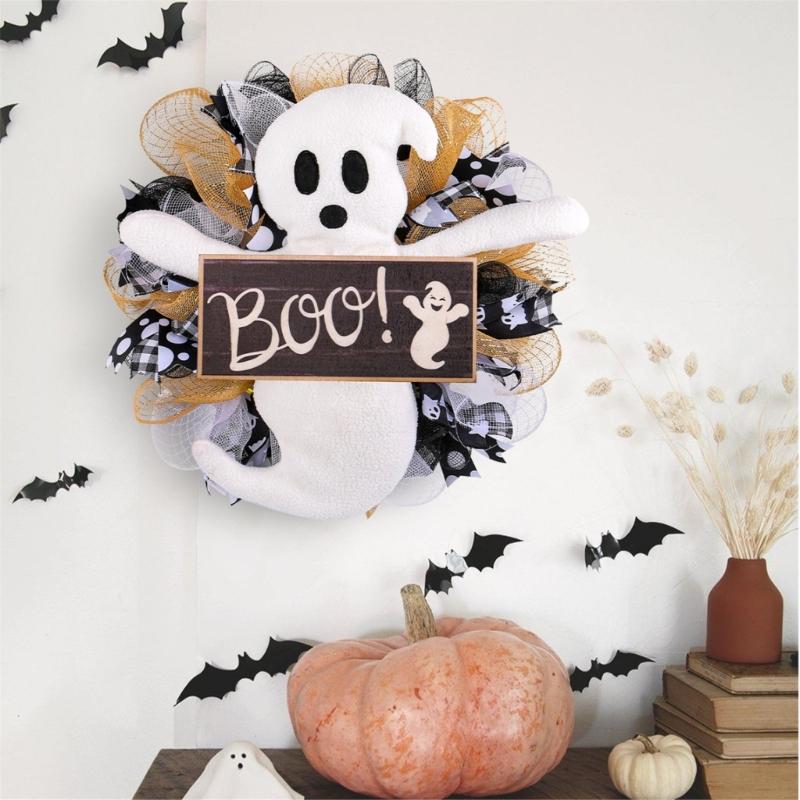 Specter Wood Sign for Halloween Colorful Flower Wreath Festives Window and Wall Decoration Waterproof Door Ornament