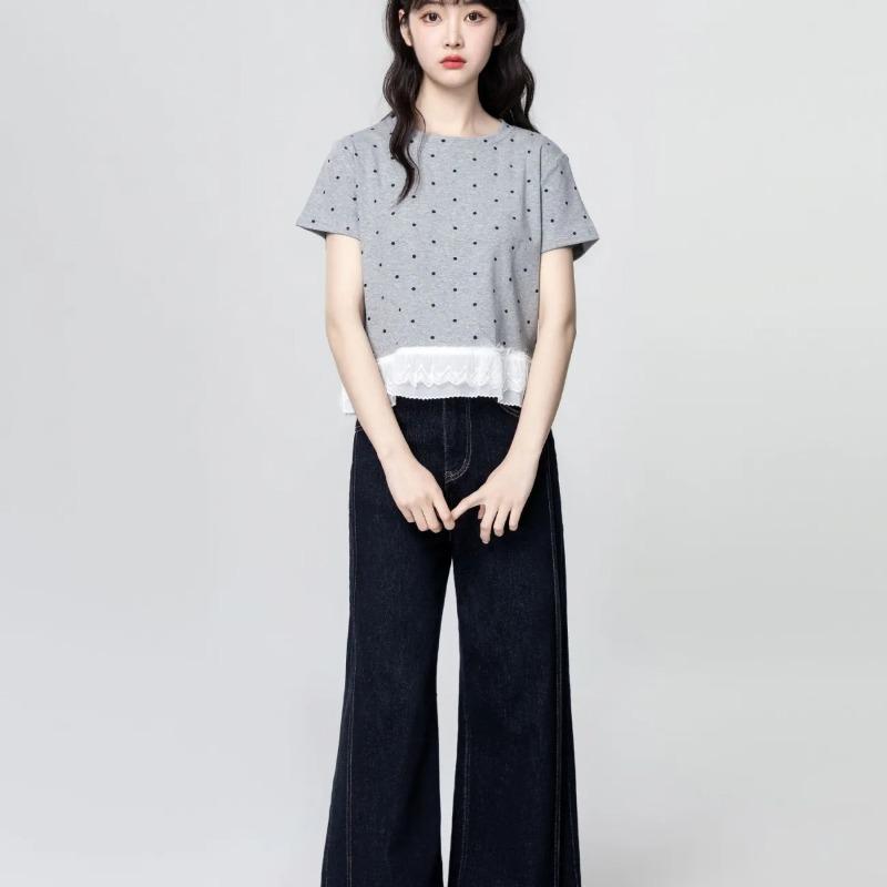 Women Polka Dot Lace Patchwork Short Sleeve T Shirt Casual Loose Top