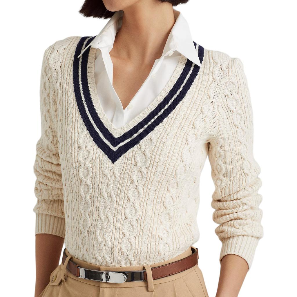 Polo Ralph Lauren SS23 Color Block Cable Knit V-Neck Pullover Sweater Women sweater Off-White 200902626-001