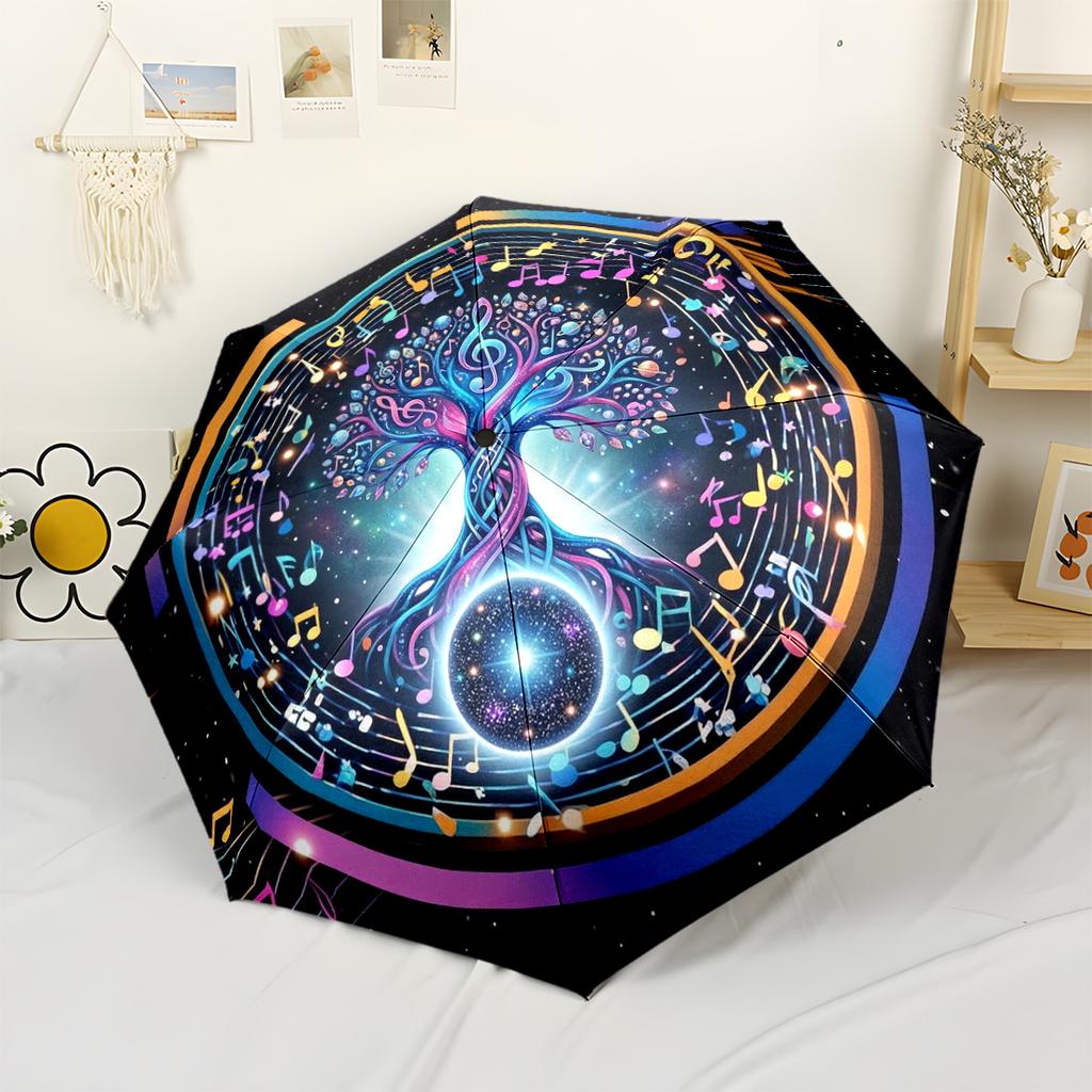 Music Tree Universe Automatic Umbrella Folding Umbrella with 8 Ribs Foldable Design Travel Essential Fashionable Accessory