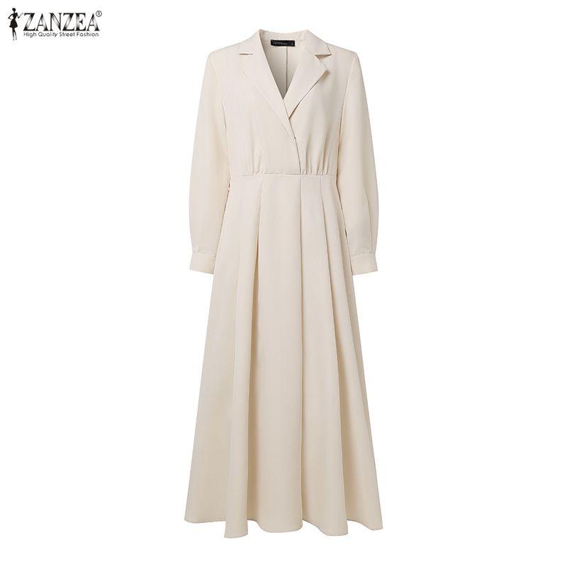 ZANZEA Women Turn Down Collar Long Sleeve Casual Spring Autumn Long Dress