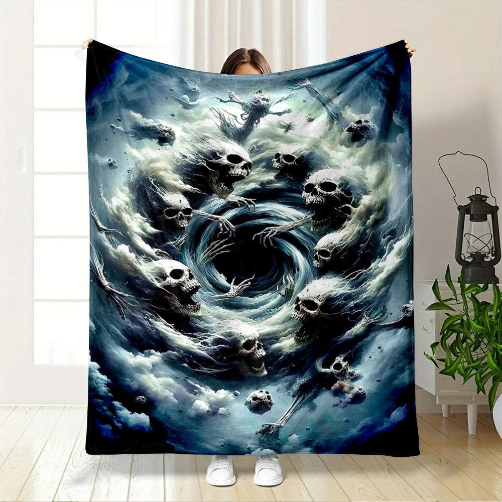 Swirling vortex of ghostly skulls and skeletal forms within cloudy mist. for all seasons blanket lunch break throw gift
