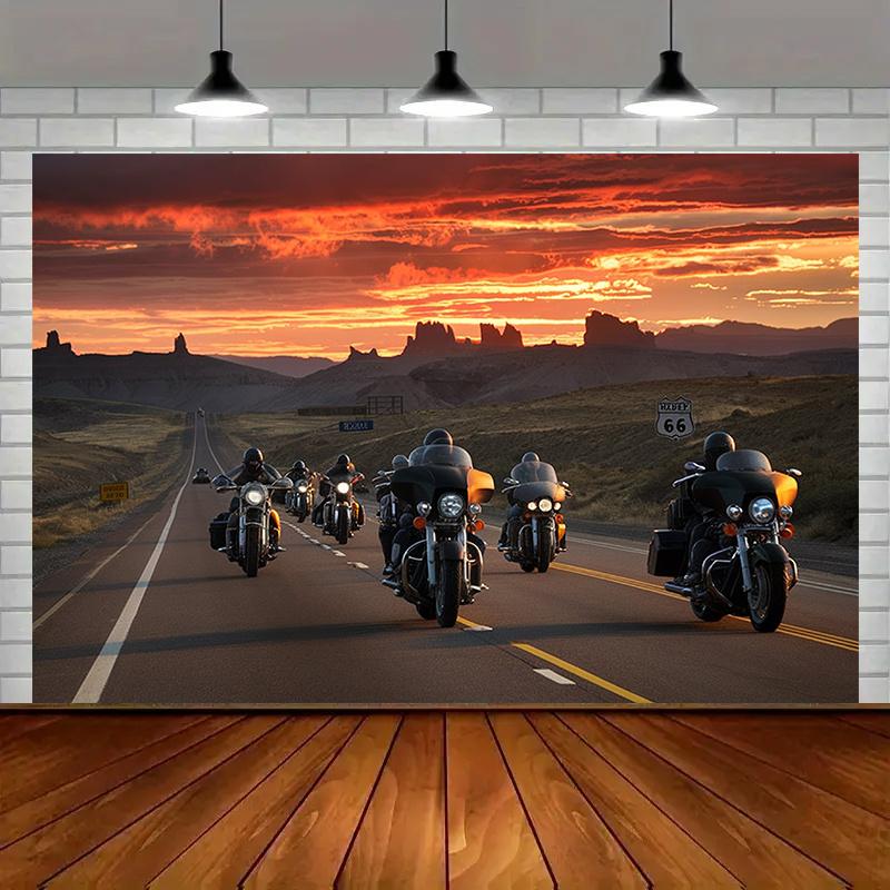2D düzlem 1 parçalı motosikletli gün batımı yol gezisi arka planı ev ve duvar dekorasyonu