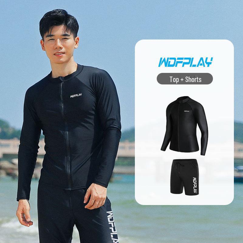 Costum de scufundare și surfing cu uscare rapidă pentru bărbați: Mânecă lungă, design split, protecție solară, protecție împotriva meduzei, croială subțire, cu fermoar.