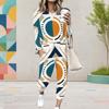 Women Plus Size Two Piece Set Round Neck Long Sleeve Geometric Printed Cuffed Top Cuffed Pants With Pockets