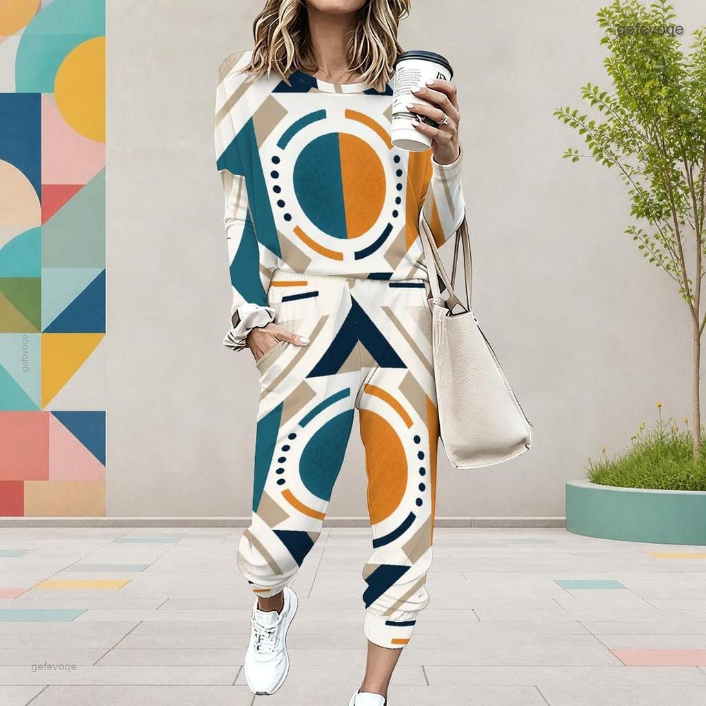 Women Plus Size Two Piece Set Round Neck Long Sleeve Geometric Printed Cuffed Top Cuffed Pants With Pockets