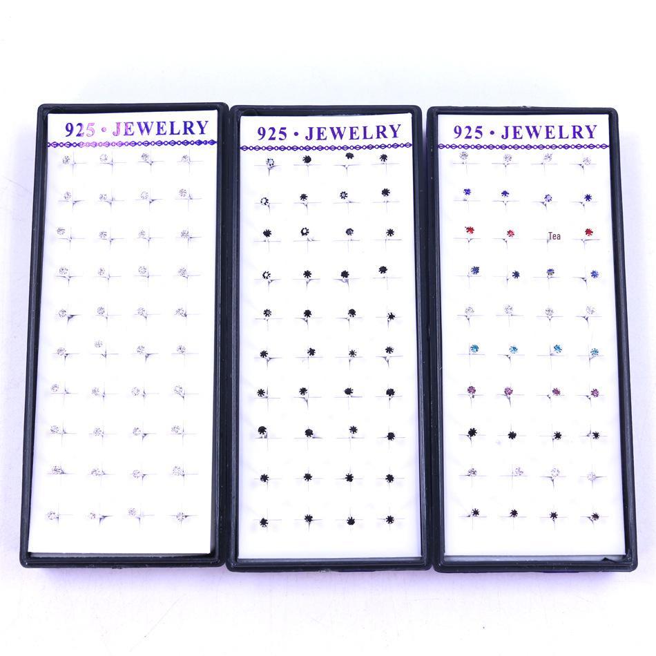 Boxed Copper-Plated Imitation Silver 2mm Rhinestone Stud Earrings in Korean Style (20 Pairs)