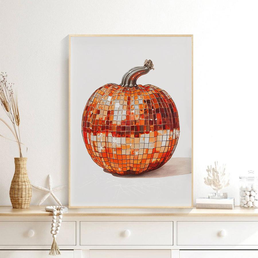 Large Orange Disco Pumpkin Prints and Posters, Retro Halloween Wall Arts, Fall Canvas Decoration, Wall Decor, No Frame