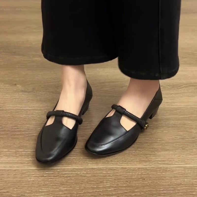 Sheepskin Version~ Retro Camellia Round Head Mary Jane Women's Shoes Commuting T-word with Light Mouth Temperament Thick Heel Single Shoes