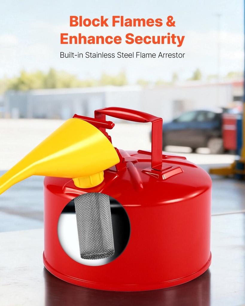 Safety Gas Can, 9.5 L Type I Red Safety Can for Gasoline with Stainless Steel Flame Arrester, Self-Closing Lid, and PE Funnel, Carbon Steel Flammable