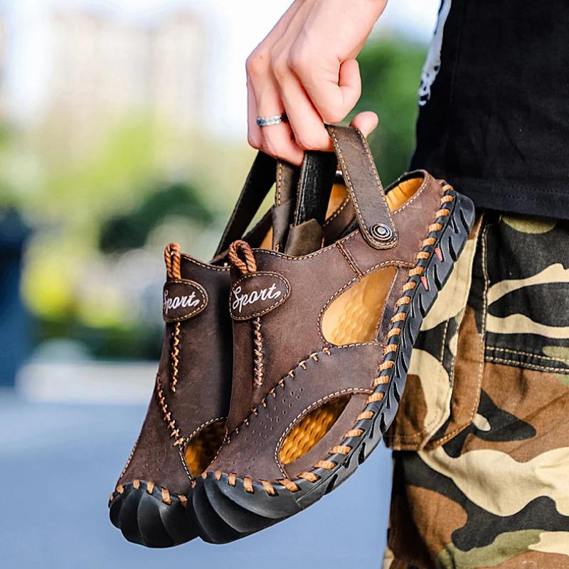 Fashion Genuine Leather Men's Sandals Soft Comfor Slippers Men Summer Outdoor Beach Shoes designer High Quality Men sandalias Plus Size