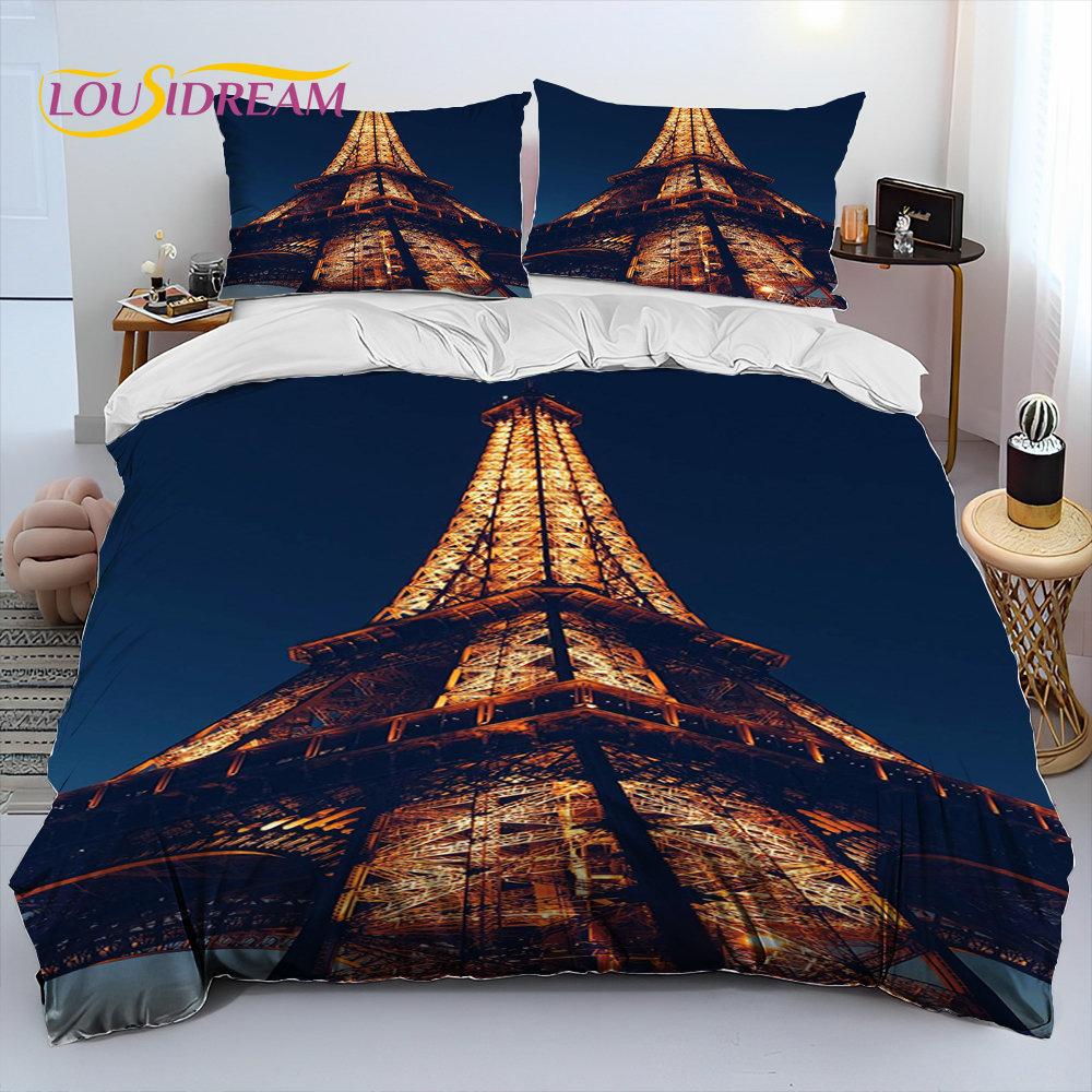 France Paris Eiffel Tower Comforter Bedding Set,Duvet Cover Bed Set Quilt Cover Pillowcase,King Queen Size Bedding Set Kid Adult