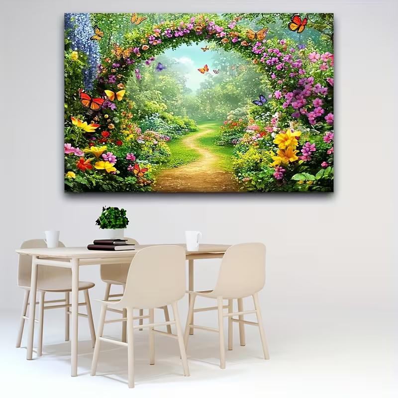 2D Blumenbogen Kulisse, Verzauberter Garten mit Schmetterlingen Fotografie Hintergrund für Alle Anlässe