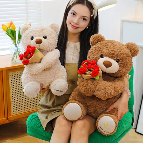 Rose Bear Plush Toy Cute Teddy Bear Holding Flower Bouquet Soft Stuffed Animal Gift for Valentine's Day