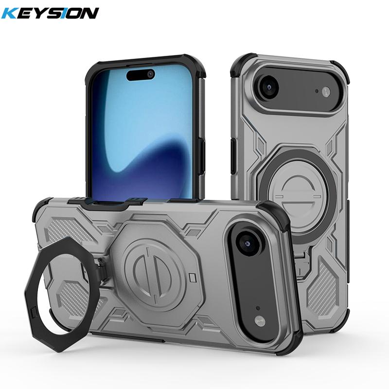 KEYSION Shockproof Magnetic Case for iPhone 17 Pro Max TPU+PC Upright Live Metal Ring Stand Phone Back Cover for iPhone 17 Air