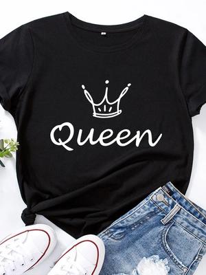Krone Königin Aufdruck T-Shirt Damen Kurzarm O-Ausschnitt Locker T-Shirt Sommer Damen Lässiges T-Shirt Oberteile Camisetas Mujer