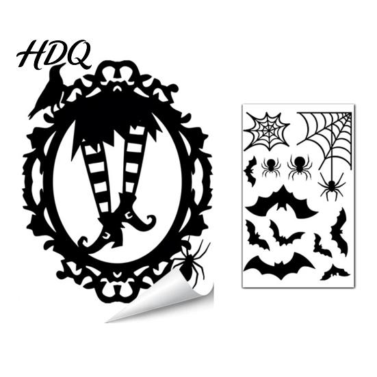 Reusable Festival Decor Halloween Static Window Clings Skeleton Witch Pumpkin Bat Silhouette Glass Stickers Outdoor Murals Removable Decals