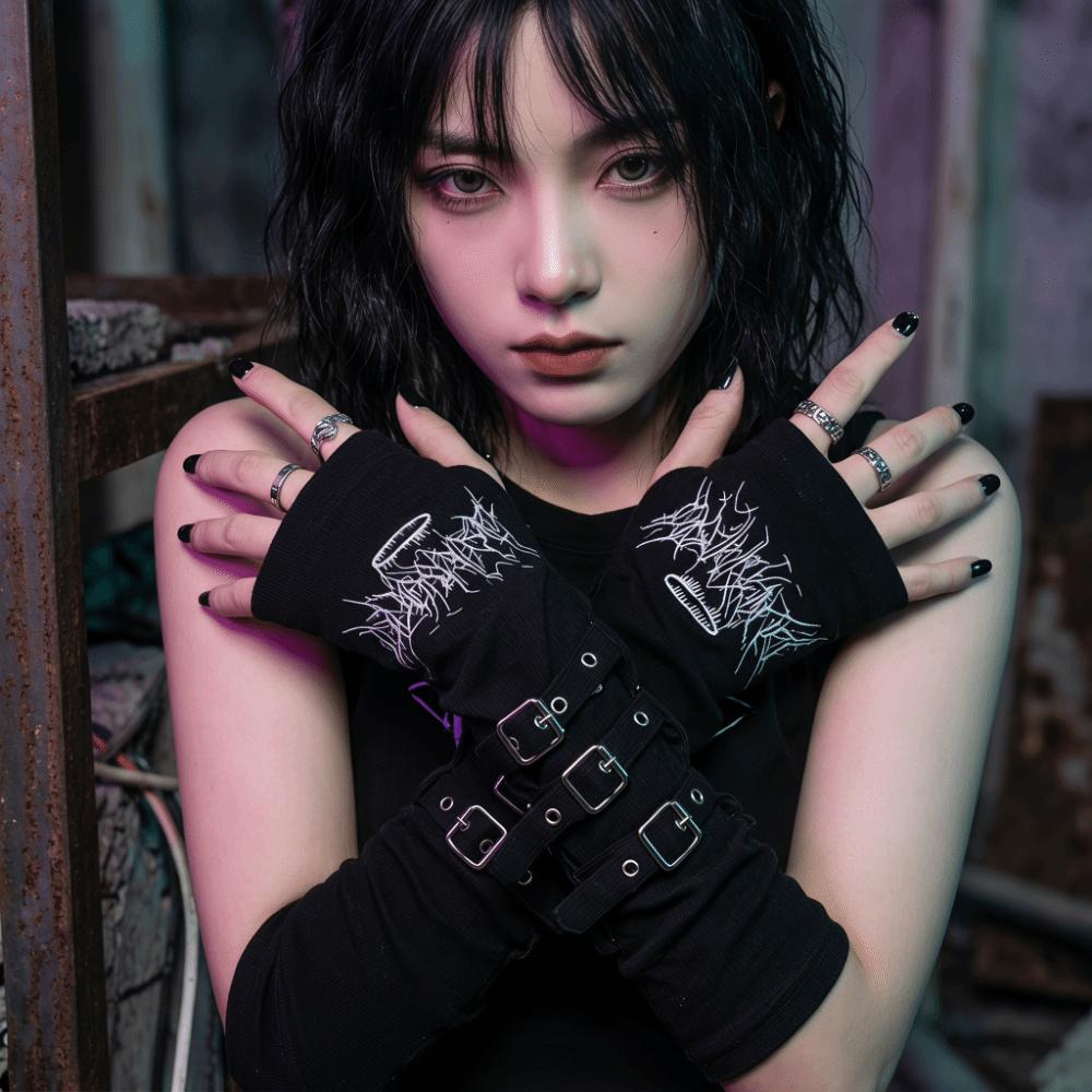 Thorns Pattern Letters Half Finger Arm Warmers Embroidered Design Sun Protection Gloves  Dance