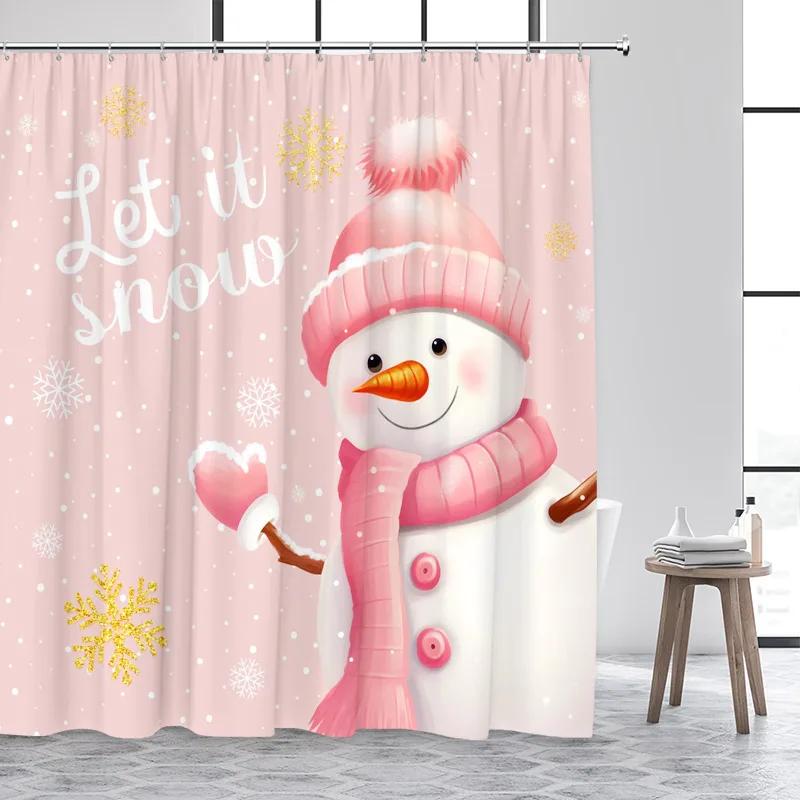 

Pink Christmas Shower Curtains Cute Santa Claus Elk Bells Xmas Tree Gold Snowflake New Year Bathroom Curtain Decor With Hooks W60H190(CM)-1 Pcs
