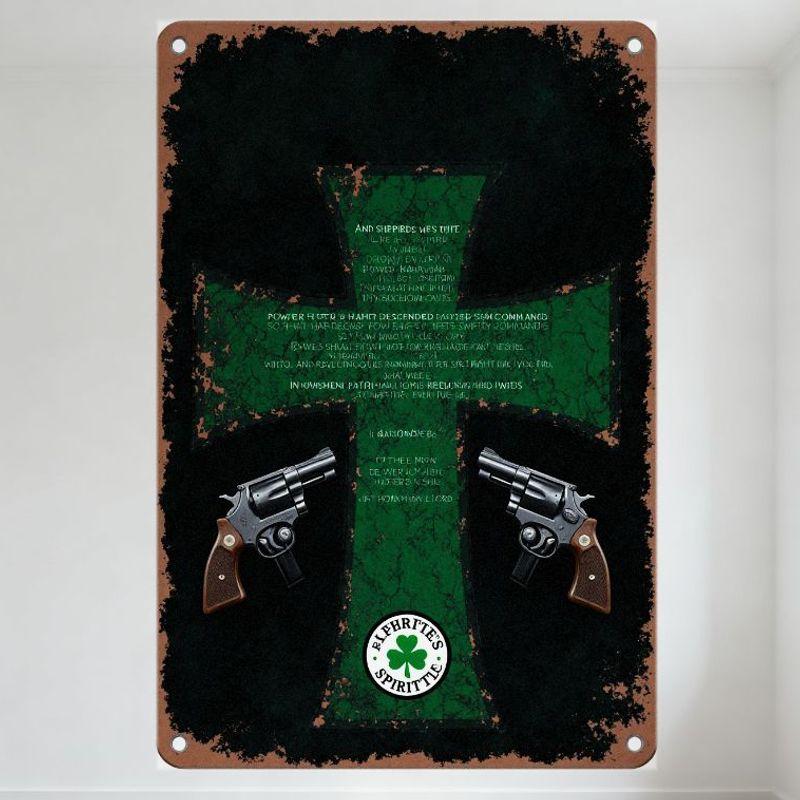 

Старовинний металевий жестяний знак з ірландською духовністю, дизайн із зеленим хрестом та револьверами, потерта коричнева рамка, табличка з цитатою «Завжди духовний» 20x30cm（7.8x11.8inch）