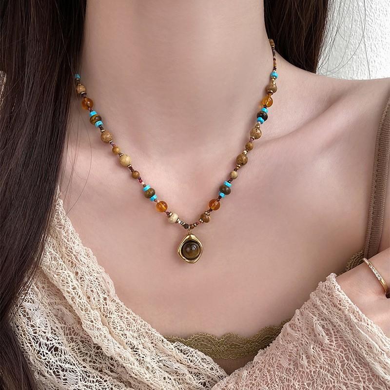 Maillard Tiger's Eye Stone Sun Pendant Necklace Retro Temperament Daily Commuter Collarbone Chain Light Luxury Niche Necklace Women