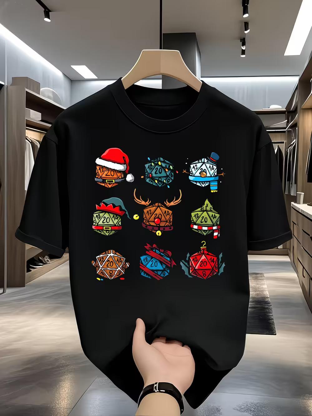 Board Game RPG Gaming T-Shirt- Black T-Shirt with Colorful DD Dice Graphics& Fans S