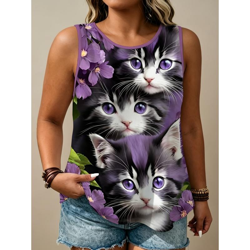 Women's Printed Tank Top T-shirt with Patterned Short Sleeves, Women's Sleeveless Round-neck T-shirt