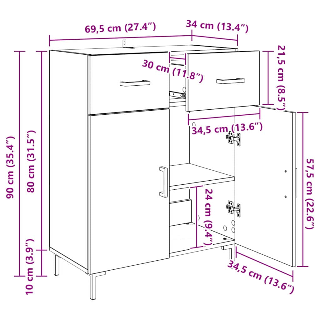 Sideboard in Black Oak Look 69.5 x 34 x 90 cm Particleboard