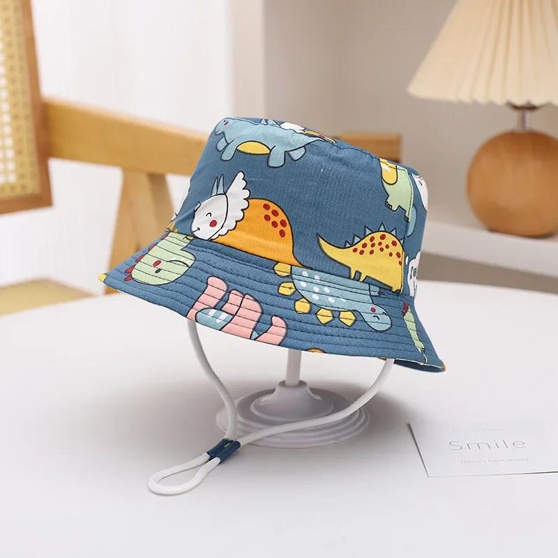 Baby Sun Hat Summer Kids Cartoon Dinosaur Print Soft Cotton Bucket Hat For Girls Boys Panama Beach UV Protection Cap Children