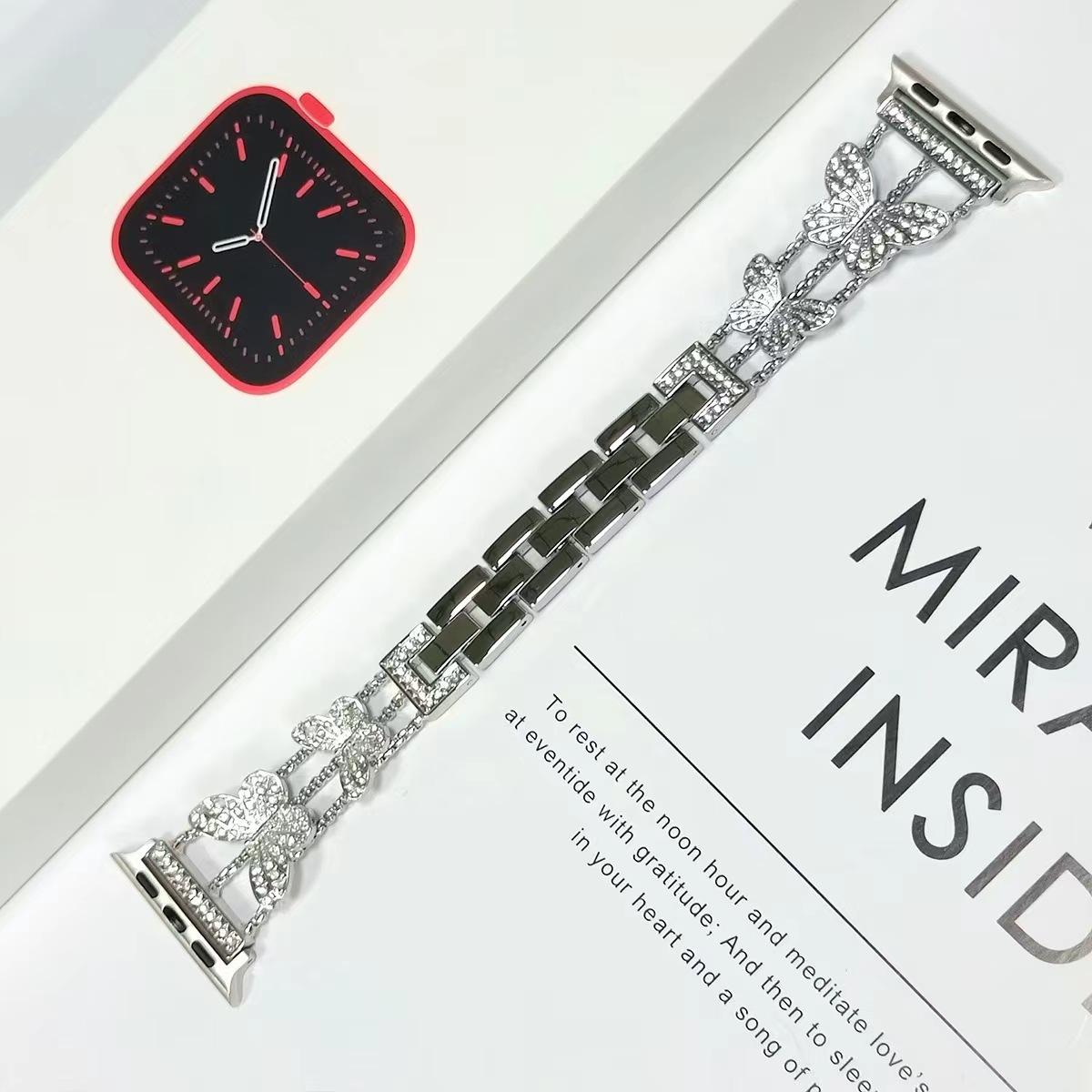 

Applicable to Apple Applewatch 9-1 full series of new Xiaomi Huawei bracelet female butterfly metal inlay 22 серебряный