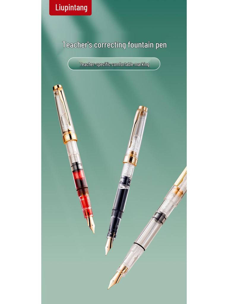 Teacher Correction Fountain Pen with Red Ink - Large Capacity Bent Nib for Grading