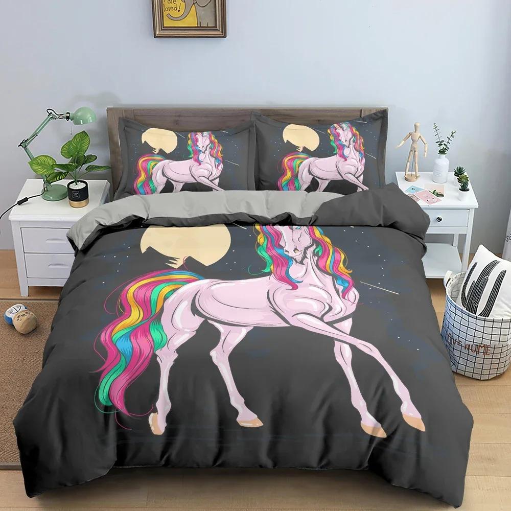Cartoon Animal Unicorn Bedding Set Bedclothes Kid's Bedroom Duvet Cover Set Pillowcase King Queen Twin Size Home Texture