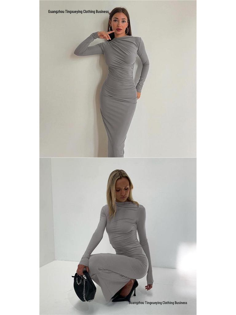 European Style Elegant Round Neck Long Sleeve Slim Fit Bodycon Dress