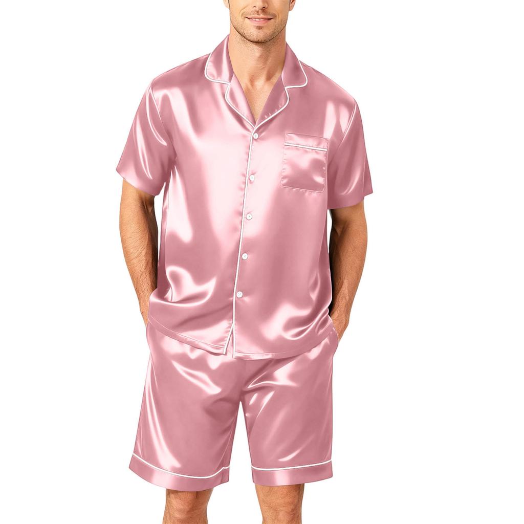 Men's Short Sleeve Pajama Set Button Down Shirt with Notched Collar and Matching Shorts Soft Lightweight Lounge Sleepwear S To XXXXL